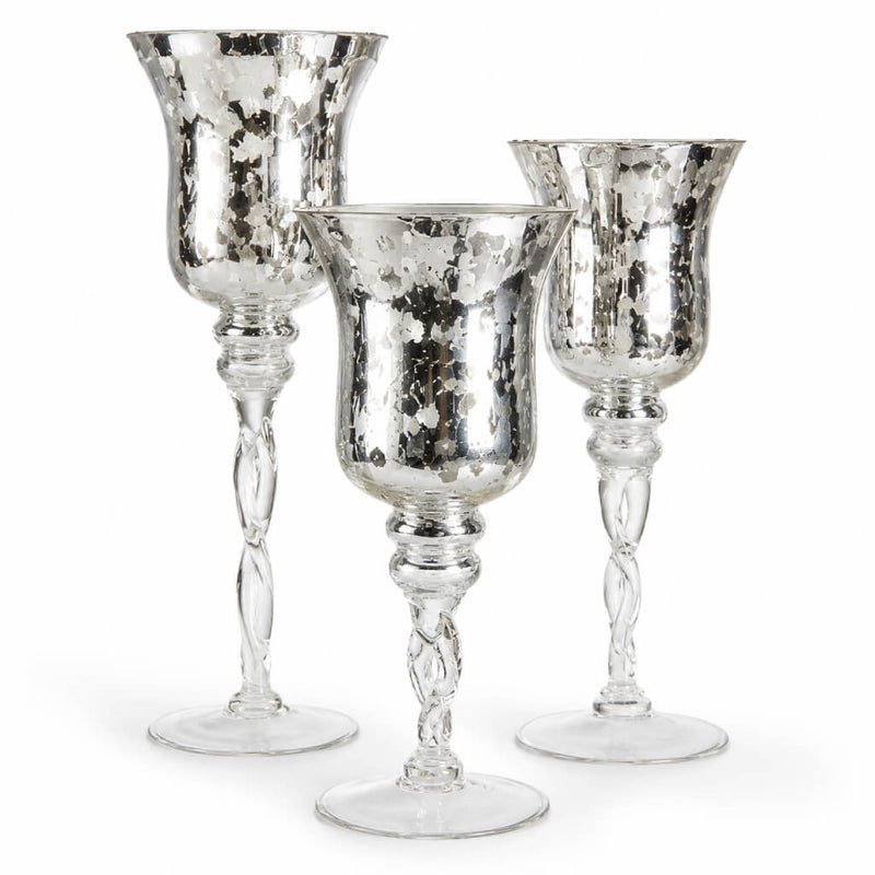 Silver Mercury Glass Pedestal Candle Holders with Twisted Stems Set of 3 - thumbnail number 1