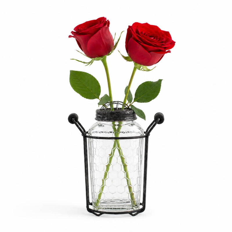 6" Glass Bottle Honeycomb with Frog Lid holding two red roses - thumbnail number 2