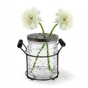 Two white flowers in a 5" hobnail glass jar with a frog lid and wire rack on a white background - thumbnail number 2