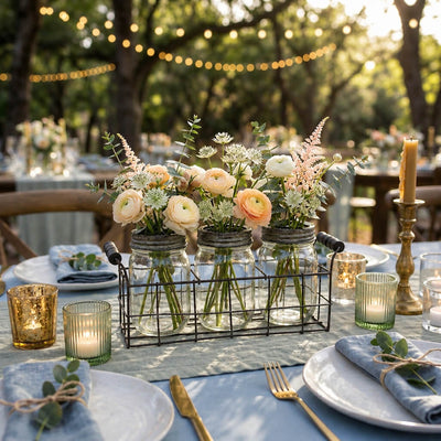 Metal Wire Basket and 3 Glass Mason Jars with Frog Lids centerpieces at a garden event - thumbnail number 4