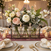 Metal Wire Basket and 3 Glass Mason Jars with Frog Lids filled with elegant flowers - thumbnail number 3