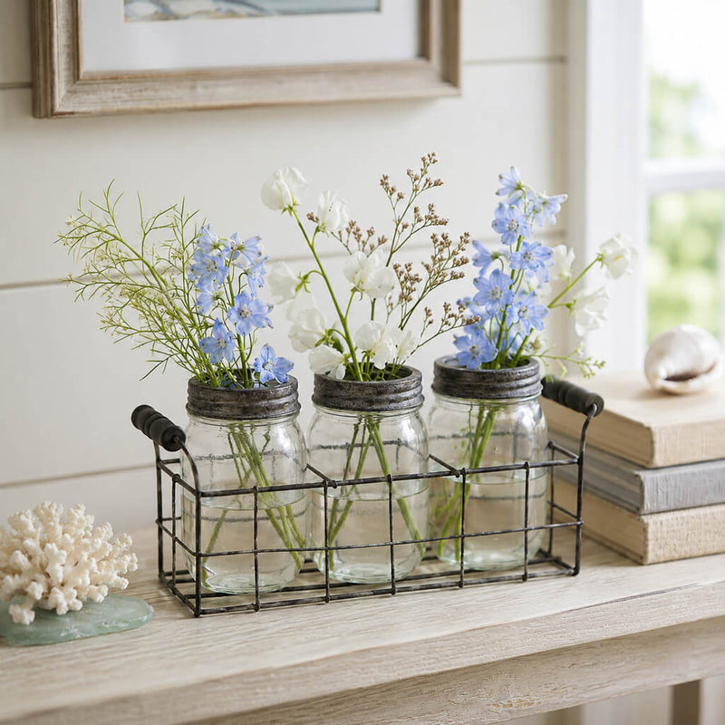Metal Wire Basket and 3 Glass Mason Jars with Frog Lids holding blue and white flowers - thumbnail number 7