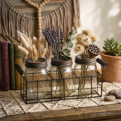 Metal Wire Basket and 3 Glass Mason Jars with Frog Lids holding dried botanicals - thumbnail number 6