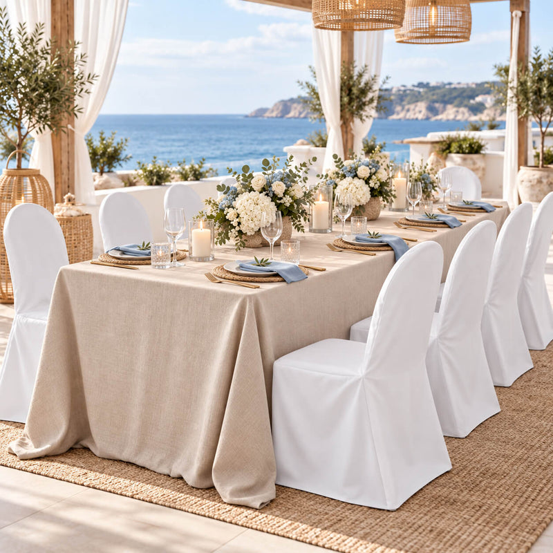 White banquet chair covers at a seaside outdoor dining setup - thumbnail number 5