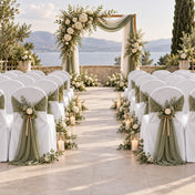 White banquet chair covers with sage green sashes at an outdoor wedding ceremony - thumbnail number 4