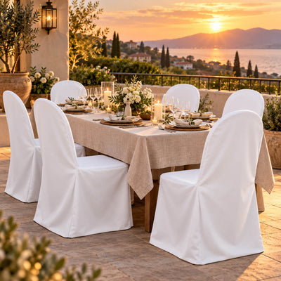 White banquet chair covers set around an outdoor dining table at sunset - thumbnail number 7