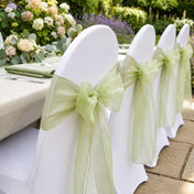 White chairs with sage organza sashes lined up outdoors - thumbnail number 4