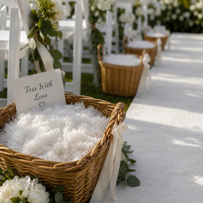 Wicker baskets filled with white confetti and a Toss With Love sign along a wedding aisle - thumbnail number 2