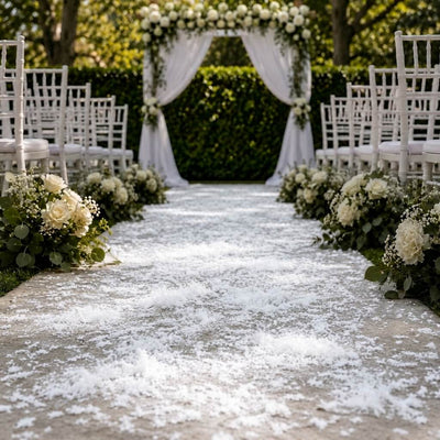 White wedding aisle scattered with eco-friendly confetti, chairs, and floral arrangements - thumbnail number 5