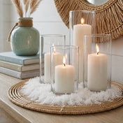 Glass candle holders with white pillars on a woven tray surrounded by eco-friendly white confetti - thumbnail number 7