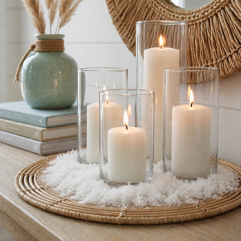 Glass candle holders with white pillars on a woven tray surrounded by eco-friendly white confetti - thumbnail number 7