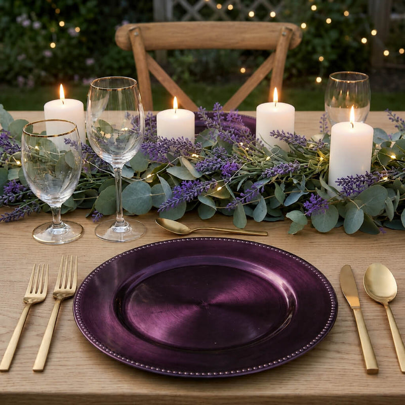 Eggplant 13" beaded charger plate on a garden table setting - thumbnail number 2