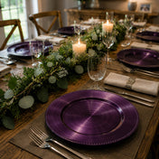 Rustic wood table decorated with eggplant 13" beaded charger plates and foliage - thumbnail number 5