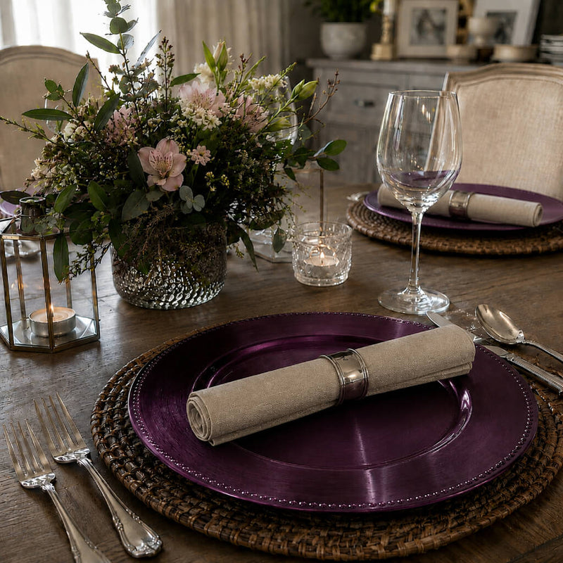 Eggplant 13" beaded charger plate on a table setting - thumbnail number 6