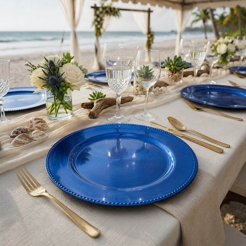 13-inch royal blue beaded charger plate on a beach wedding table - thumbnail number 2