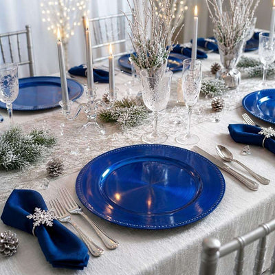 13-inch royal blue beaded charger plate on a festive winter dining table - thumbnail number 4