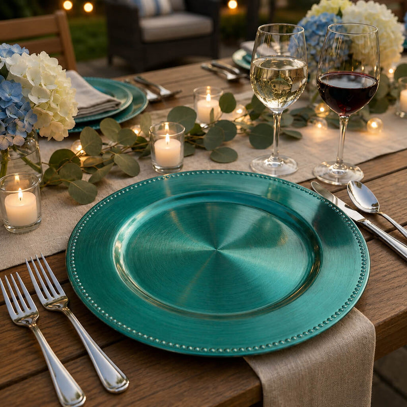 Aqua Blue charger plate on a garden party table - thumbnail number 5