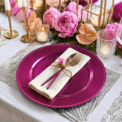 13-inch fuchsia beaded charger plate on a floral wedding table setting - thumbnail number 4