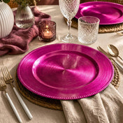 13-inch fuchsia beaded charger plate on a rustic dining table setting - thumbnail number 6