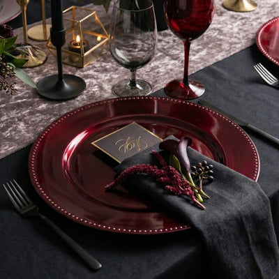 13" beaded burgundy charger plate in a dark table setting - thumbnail number 4