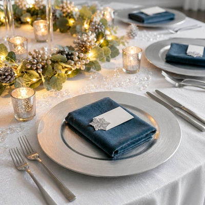 13 inch silver plain charger plate with winter decor - thumbnail number 4