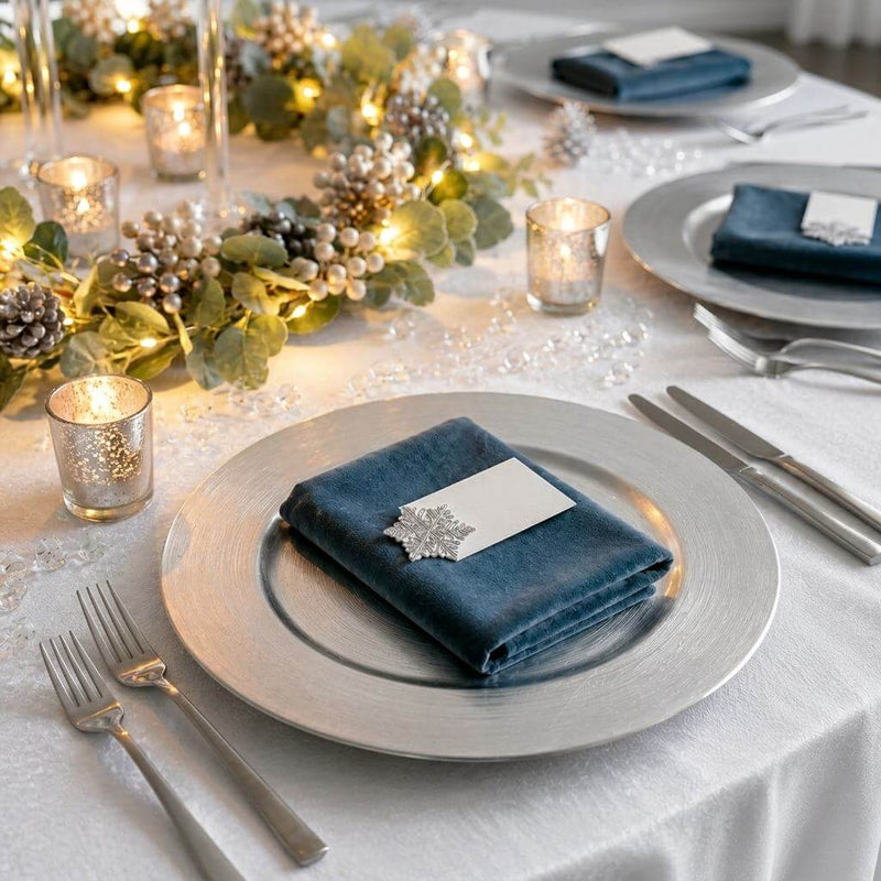13 inch silver plain charger plate with winter decor - thumbnail number 4