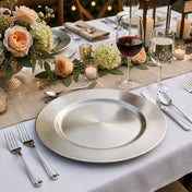 13 inch silver plain charger plate on an outdoor dining table with floral and candle centerpiece - thumbnail number 3
