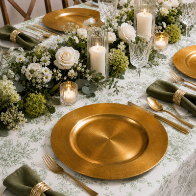 13 inch plain gold charger plate on a formal dinner table with floral centerpiece - thumbnail number 2