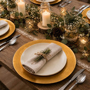 13 inch plain gold charger plate with napkin on a rustic dinner table - thumbnail number 6