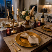 13 inch plain gold charger plate on a formal dinner table with a city view - thumbnail number 5