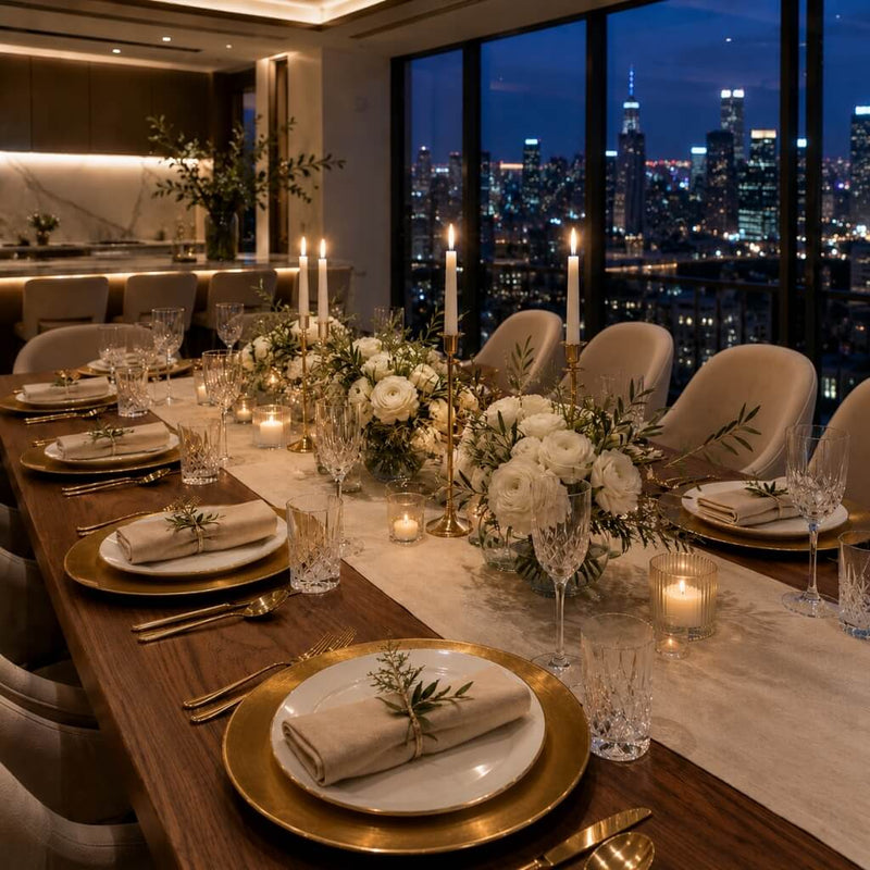13 inch plain gold charger plate on a formal dinner table with a city skyline view - thumbnail number 3