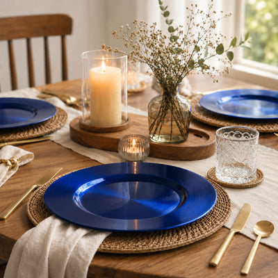 13-inch plain royal blue charger plate on a rustic wooden table setting - thumbnail number 6