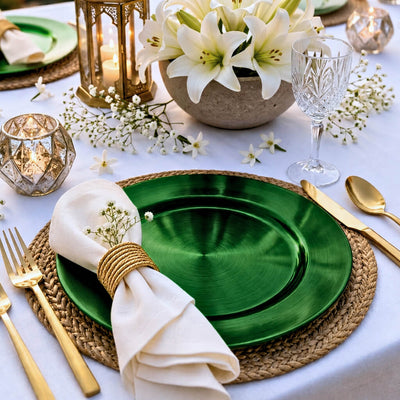 Elegant table setting with a forest green 13" beaded charger plate and white lilies - thumbnail number 3