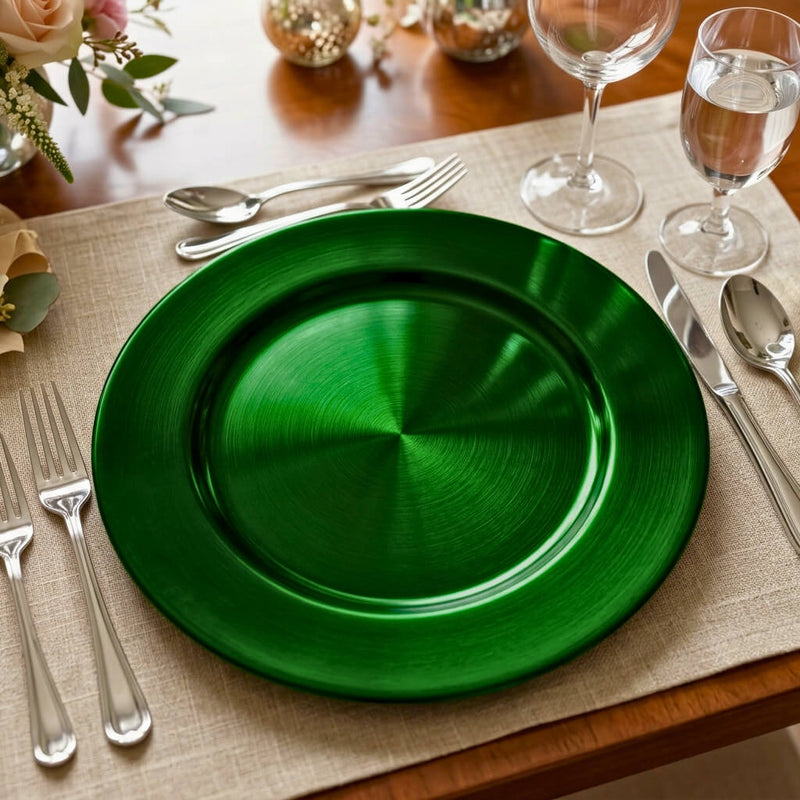 Forest green charger plate on a linen placemat with flatware - thumbnail number 5