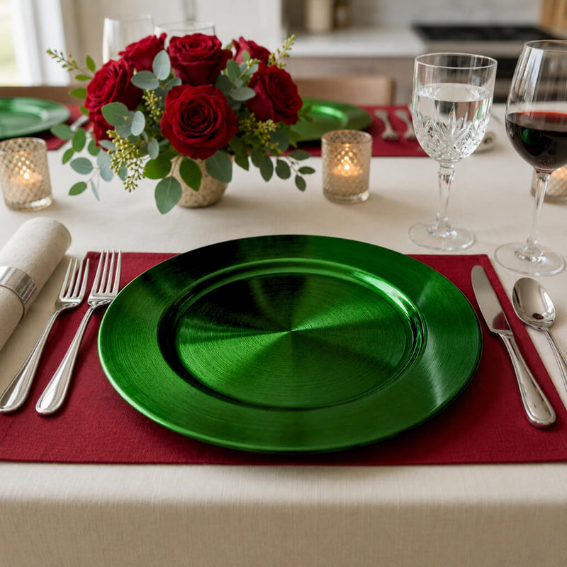 Forest green charger plate on a red placemat with red roses - thumbnail number 6