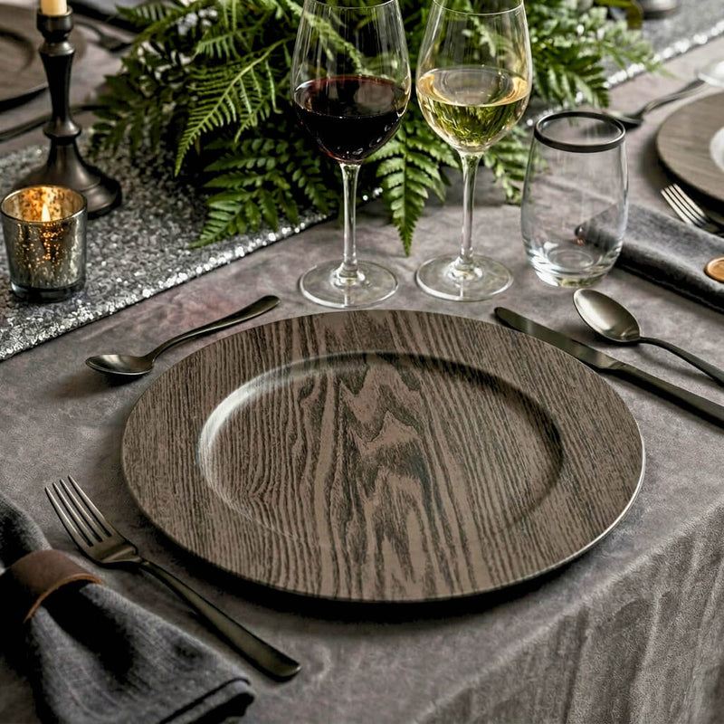 13" woodgrain plain charger plate in a formal table setting - thumbnail number 3