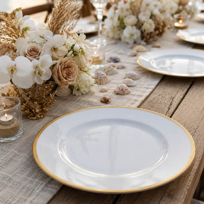 White with gold rim charger plate on a coastal tablescape - thumbnail number 2