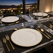 Luxury city view table setting with gold-rimmed plates - thumbnail number 5