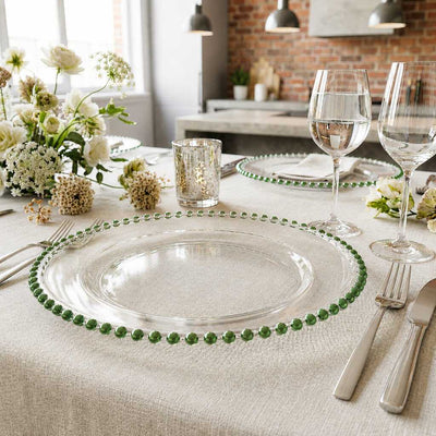 13" green beaded glass charger plate in a bright table setting - thumbnail number 6