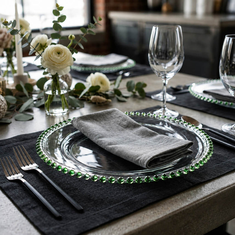 13" green beaded glass charger plate in a modern table setting - thumbnail number 5