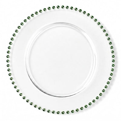 13" green beaded glass charger plate on a white backdrop - thumbnail number 1