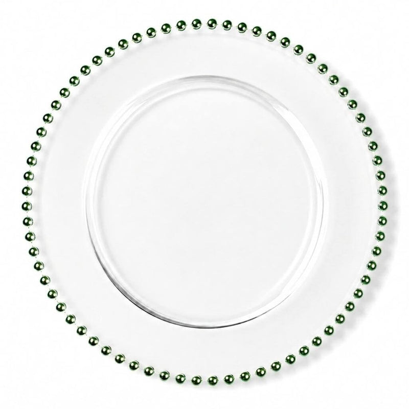 13" green beaded glass charger plate on a white backdrop - thumbnail number 1