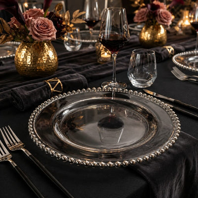 13" silver beaded glass charger plate in a formal table setting - thumbnail number 3