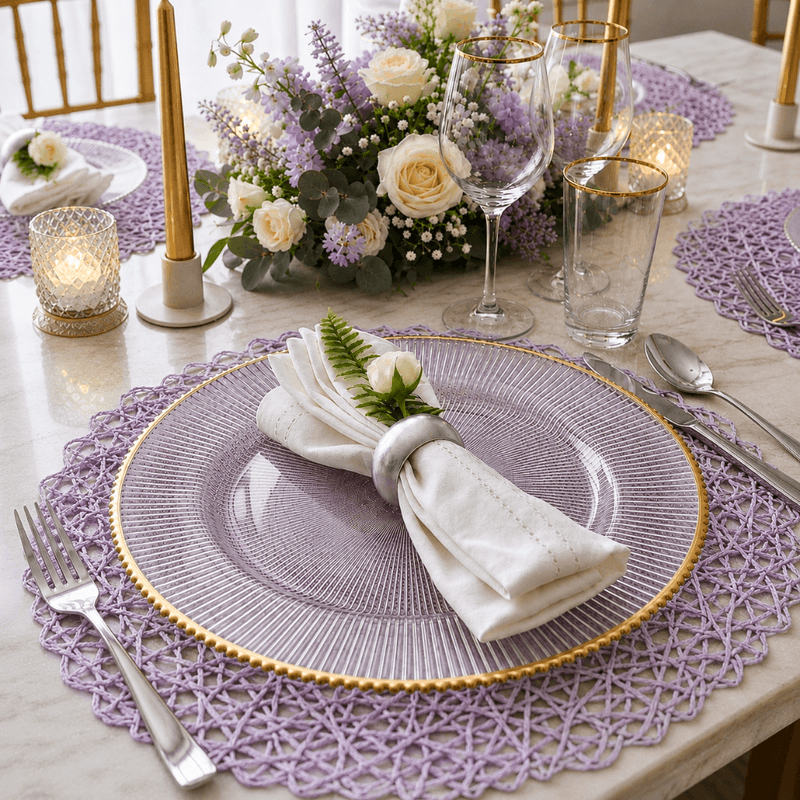 Glass charger plate with gold rim on a purple placemat at a formal dining table - thumbnail number 2