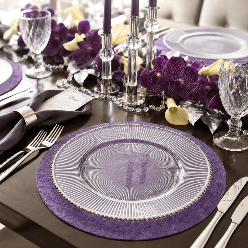 13 inch silver rim glass charger plate on a purple placemat at a formal dinner table - thumbnail number 3