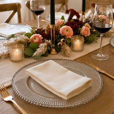 13 inch silver rim glass charger plate with napkin on a table with floral centerpiece - thumbnail number 6