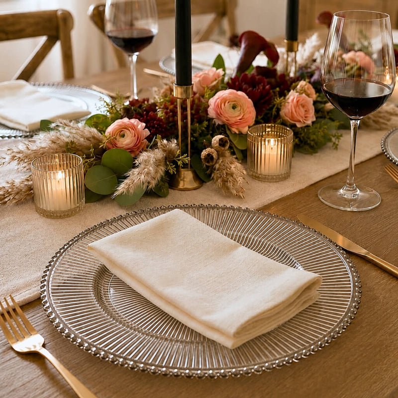 13 inch silver rim glass charger plate with napkin on a table with floral centerpiece - thumbnail number 6