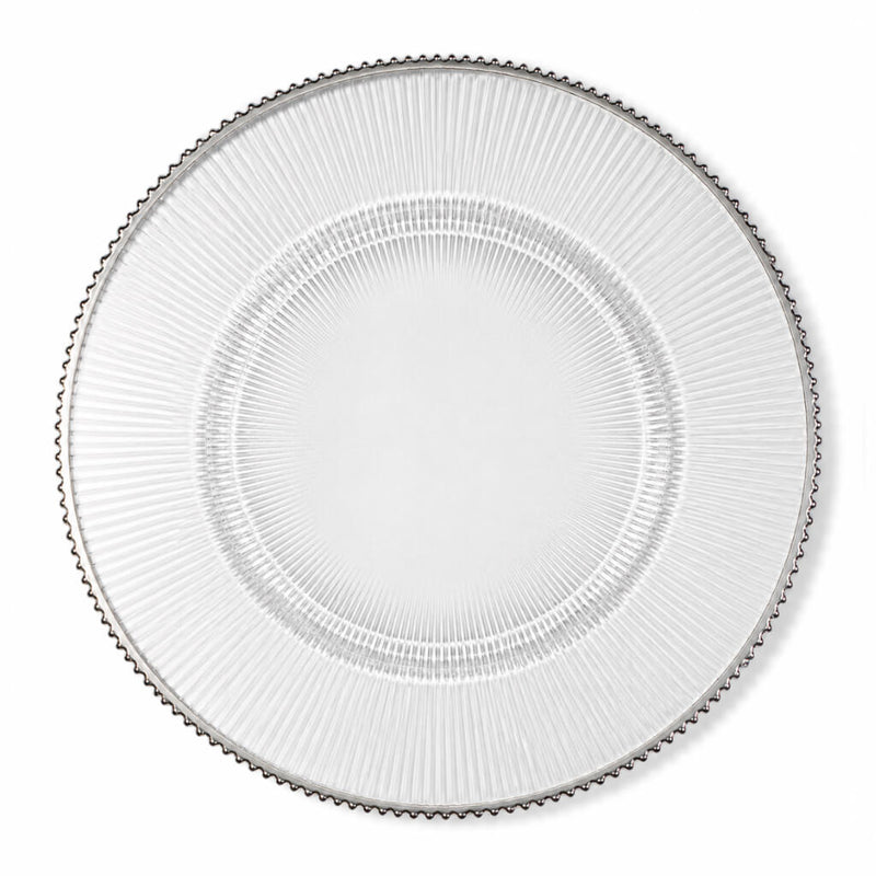 13 inch clear glass charger plate with a delicate silver beaded rim - thumbnail number 1