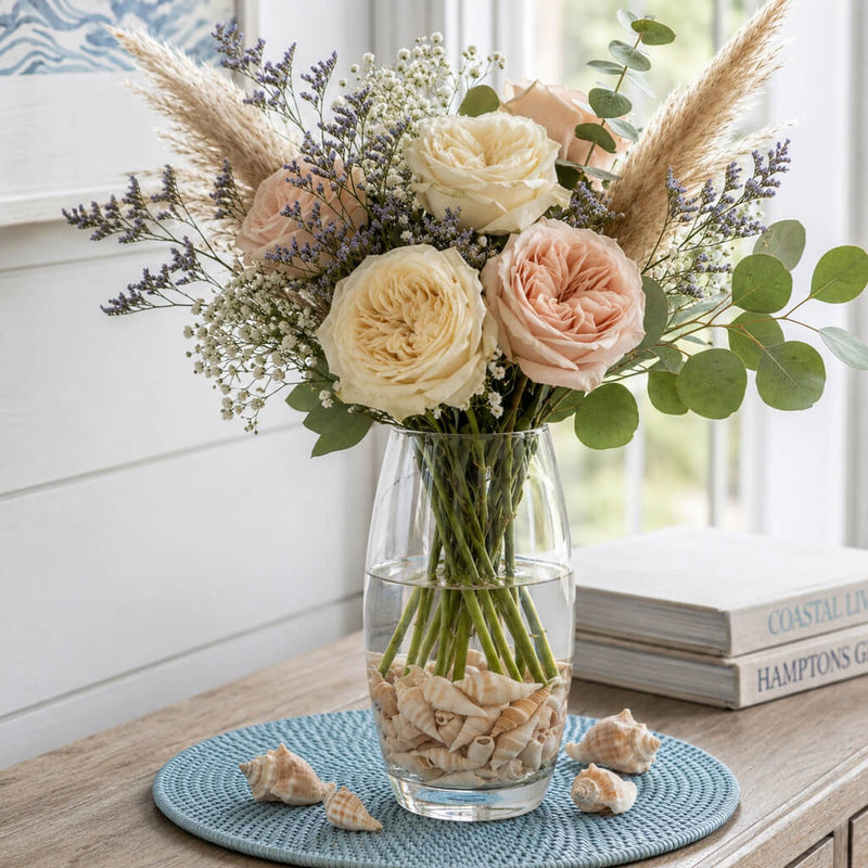 Floral arrangement with Conch Shell Vase Filler in a glass vase on a blue mat - thumbnail number 9