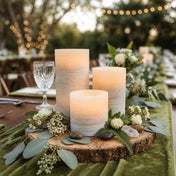 Flameless LED Pillar Candle Marble on rustic outdoor tablescape with greenery - thumbnail number 6